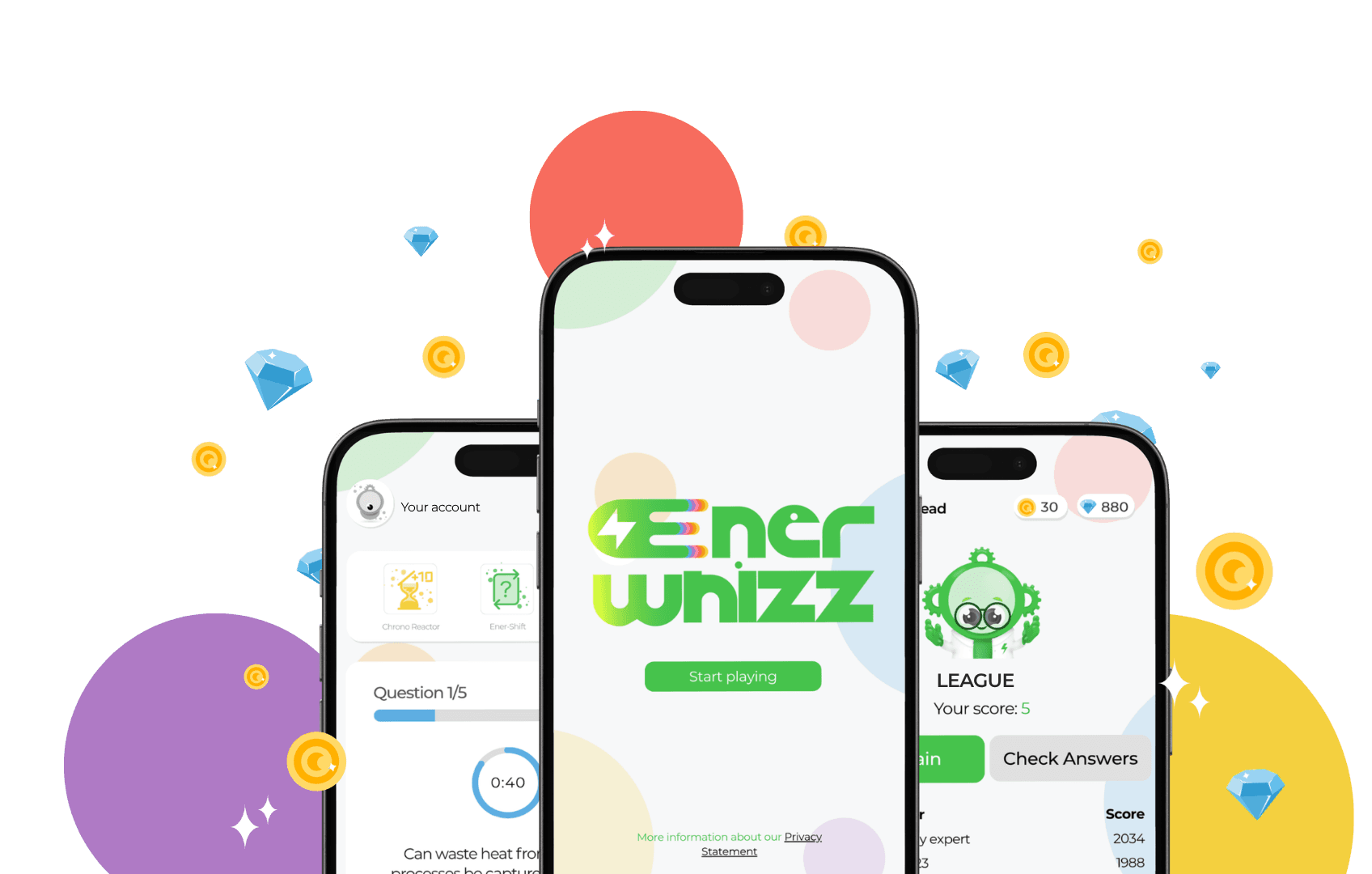 EnerWhizz mobile quiz game mockups